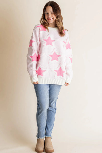 Oversized Cute Star Pattern Ribbed Edge Drop Shoulder Sweater