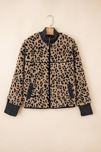 Leopard Zip Up Stand Collar Fall Jacket