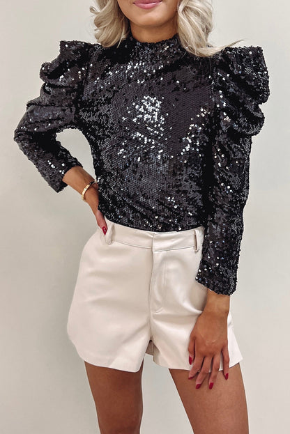 Sparkly Sequin Mock Neck Long Sleeve Party Top