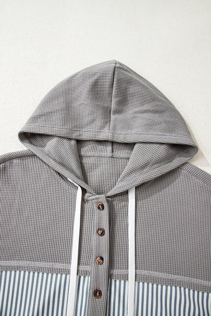 Waffle Patchwork Stripe Print Hooded Long Sleeve Top