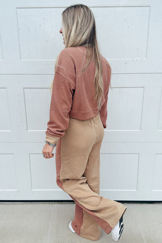 Color Block Long Sleeve Crop Top Drawstring Pant Set