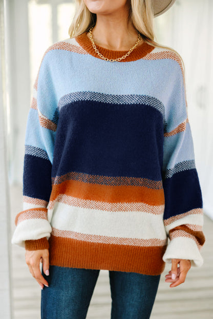 Color Block Round Neck Tunic Sweater Casual Long Sleeve