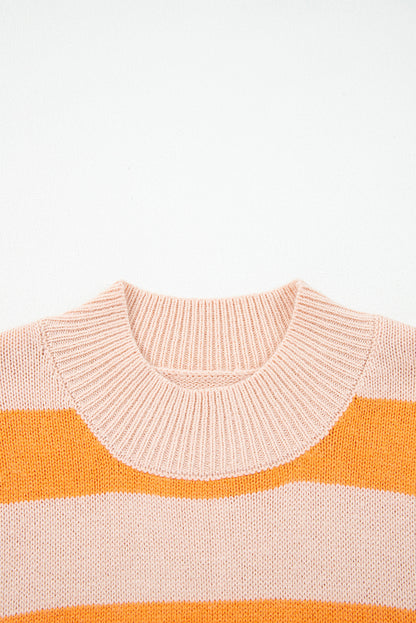 Stripe Color Block High Neck Drop Shoulder Cozy Sweater
