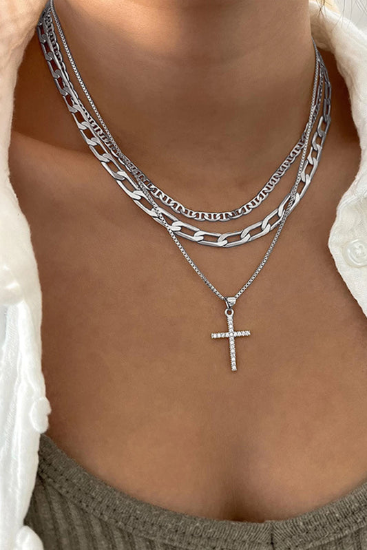 Gold Cross Rhinestone Layered Chain Necklace