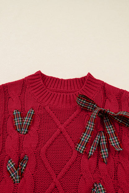 Plaid Lace up Detail Christmas Holiday Puff Short Sleeve Sweater