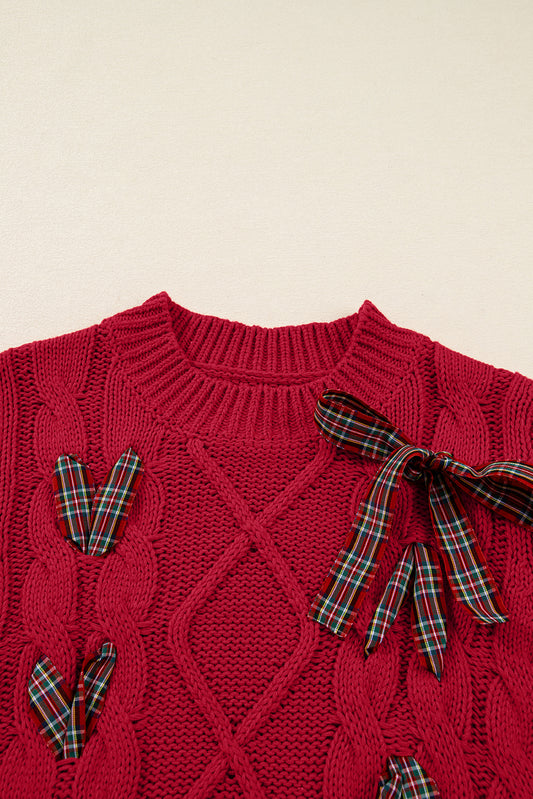 Plaid Lace up Detail Christmas Holiday Puff Short Sleeve Sweater