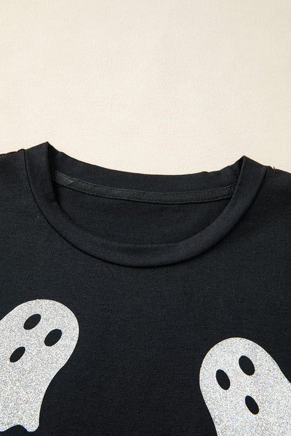 Black Glitter Ghost Pattern Halloween T Shirt