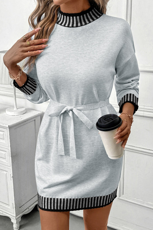 Women Knit Sweater Dress Long Sleeve Belted Mini