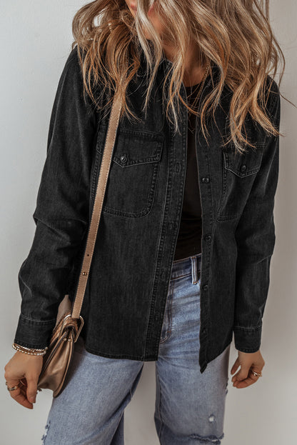 Black Flap Pocket Button Collared Jean Jacket