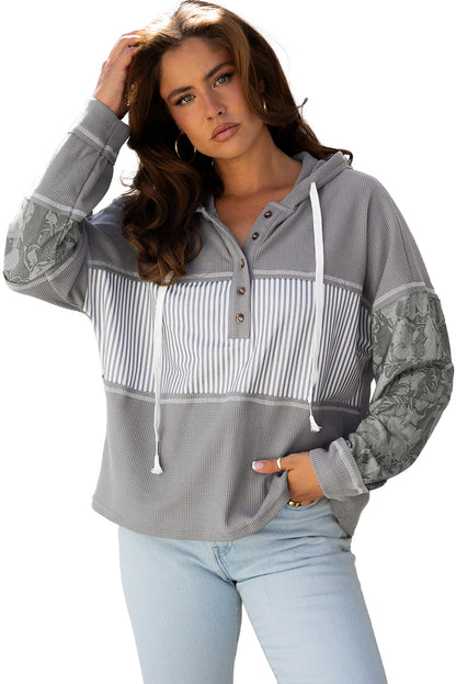 Waffle Patchwork Stripe Print Hooded Long Sleeve Top