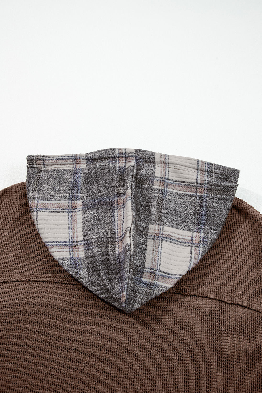 Plaid Patchwork Button Down Hooded Waffle Shacket