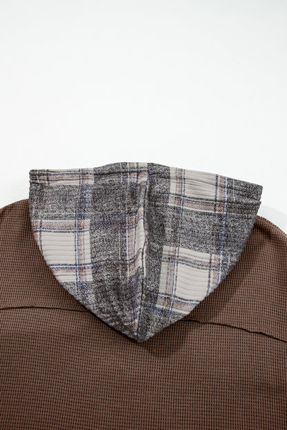 Plaid Patchwork Button Down Hooded Waffle Shacket
