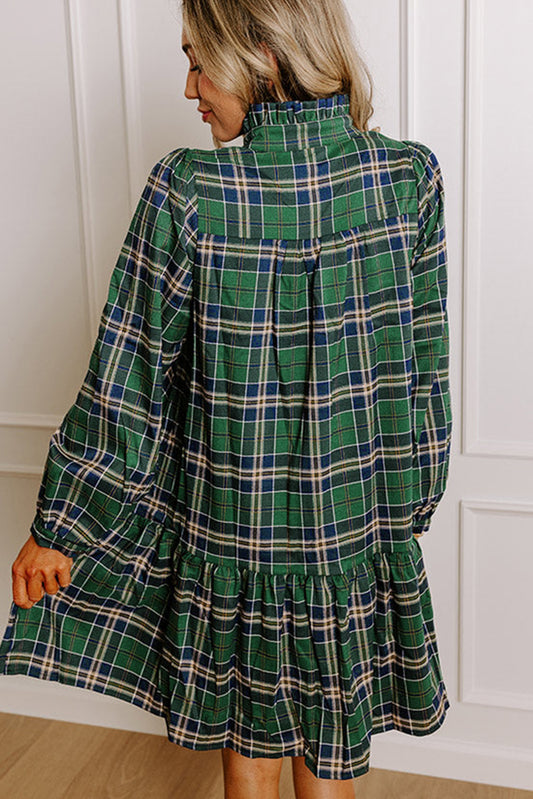 Plaid Ruffle Collar Long Sleeve Casual Mini Dress