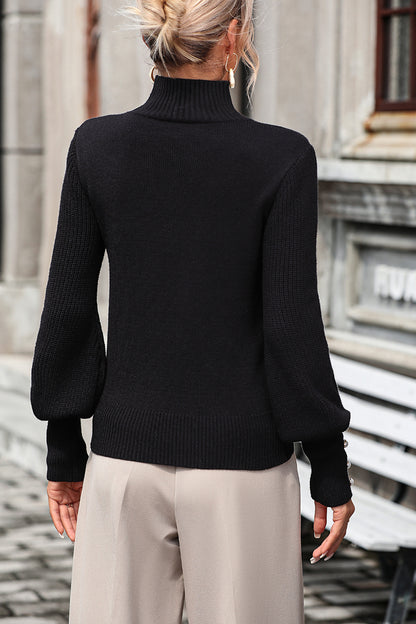 Womens Turtleneck Pearl Trim Knit Sweater Top