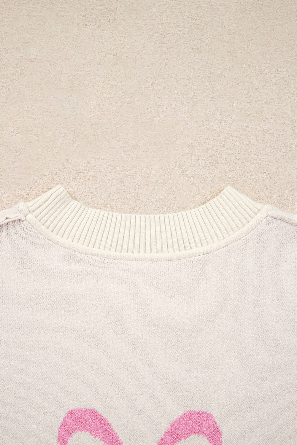 Pink Bow Print Ribbed Trim Casual Loose Sweater