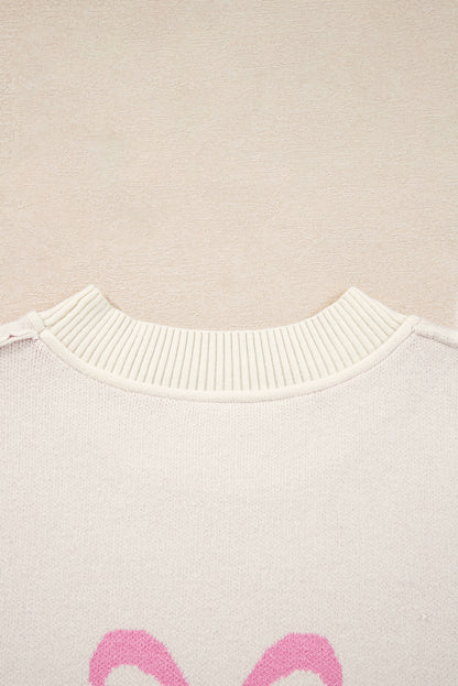 Pink Bow Print Ribbed Trim Casual Loose Sweater
