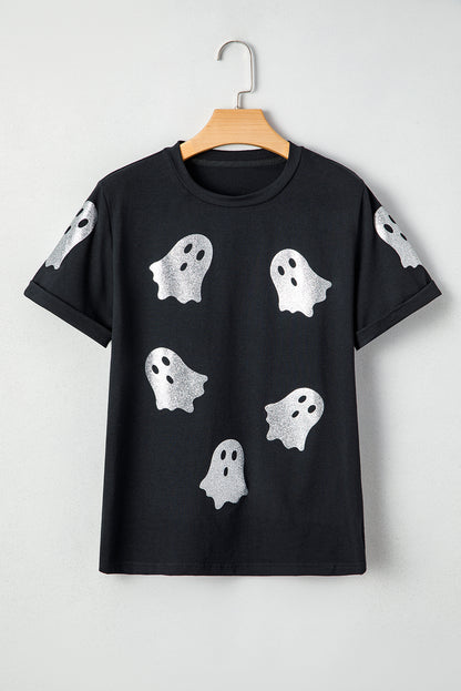 Black Glitter Ghost Pattern Halloween T Shirt