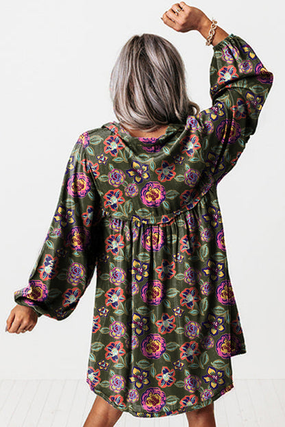 Holiday Floral Split Neck Long Sleeve Mini Dress