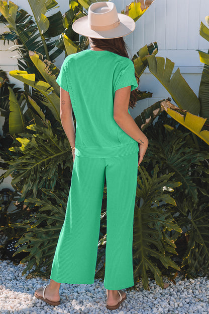 Solid Knit Short Sleeve Top and Wide Leg Pants Set