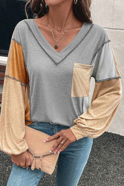 Colorblock V Neck Exposed Stitch Long Sleeve Top