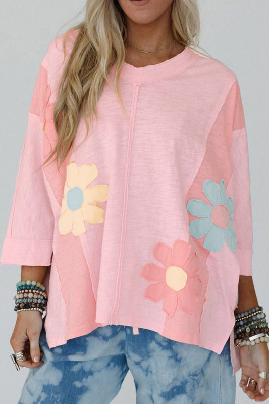 Flower Patch Exposed Seam Oversized V Neck Top