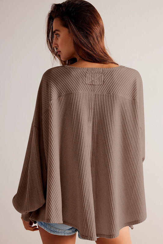 Waffle V Neck Drop Shoulder Loose Blouse