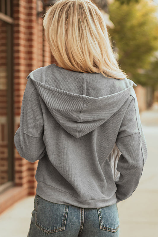 Waffle Knit Zip Up Snap Button Hoodie Jacket