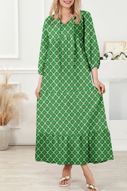 Green Boho Printed Half Sleeve Maxi Dress