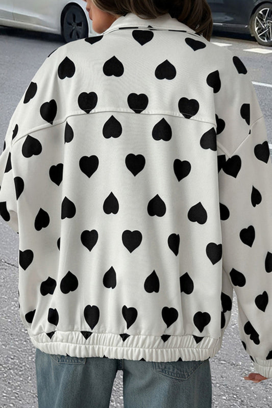 Heart Print Zip Up Sweet Style Cropped Jacket