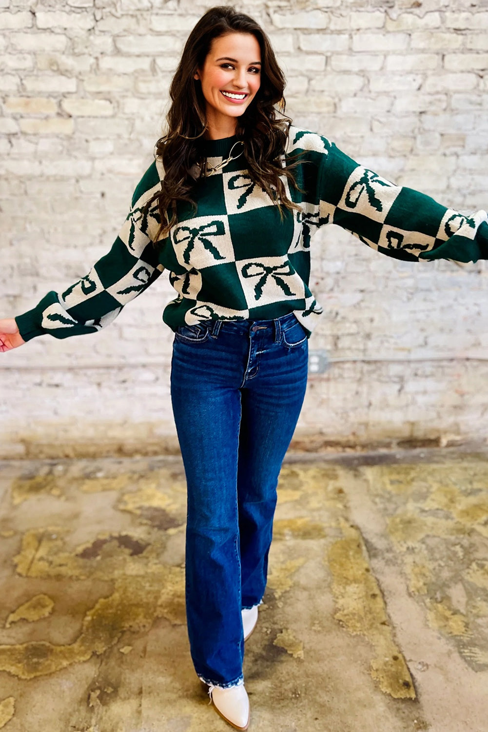 Checkered Bow Print Round Neck Knit Sweater