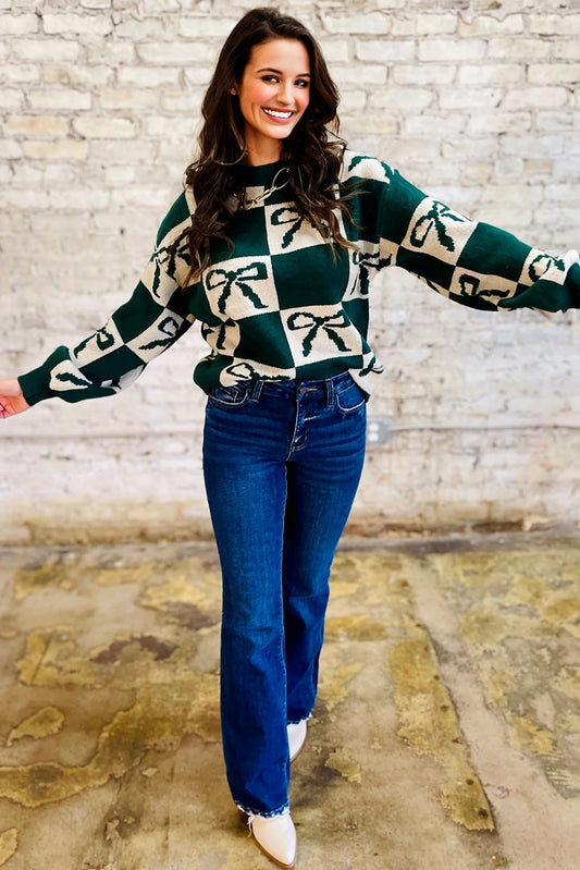 Checkered Bow Print Round Neck Knit Sweater