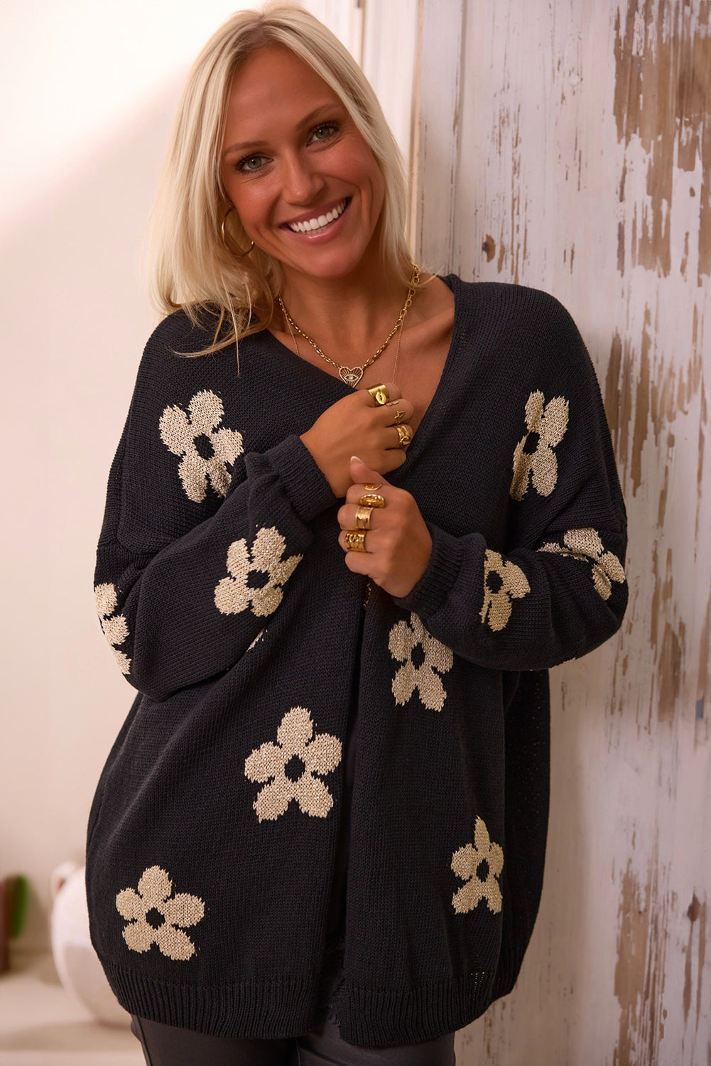 Black Floral Print Knitted Open Front Cardigan
