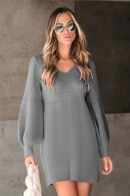 V Neck Long Sleeve Knit Sweater Dress with Balloon Sleeves