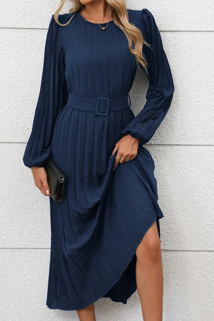 Elegant Fall Pleated Long Sleeve Belted Midi Dress