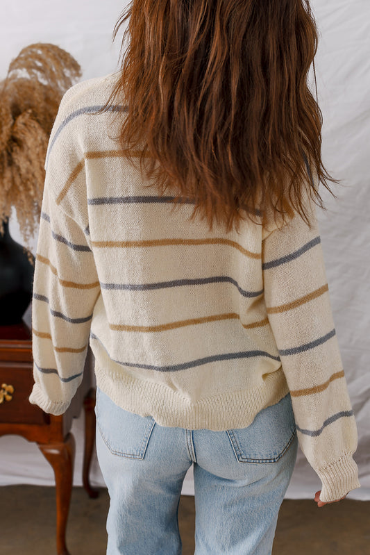 Striped Buttoned Front V Neck Drop Shoulder Cardigan Sweater