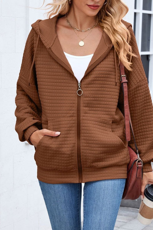 Quilted Zip-Up Hoodie Casual Long Sleeve Sweatshirt