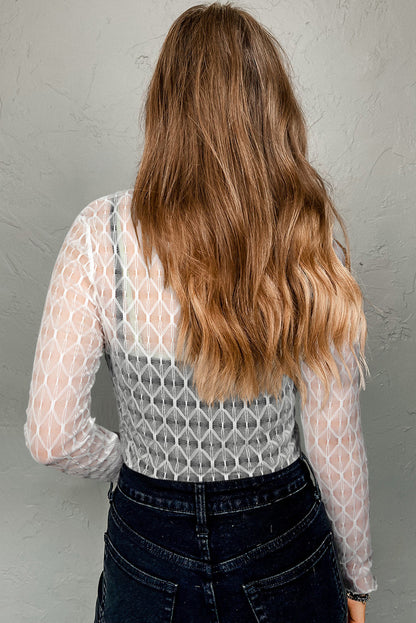 Sheer Mesh Patterned Lettuce Trim Slim Long Sleeve Top
