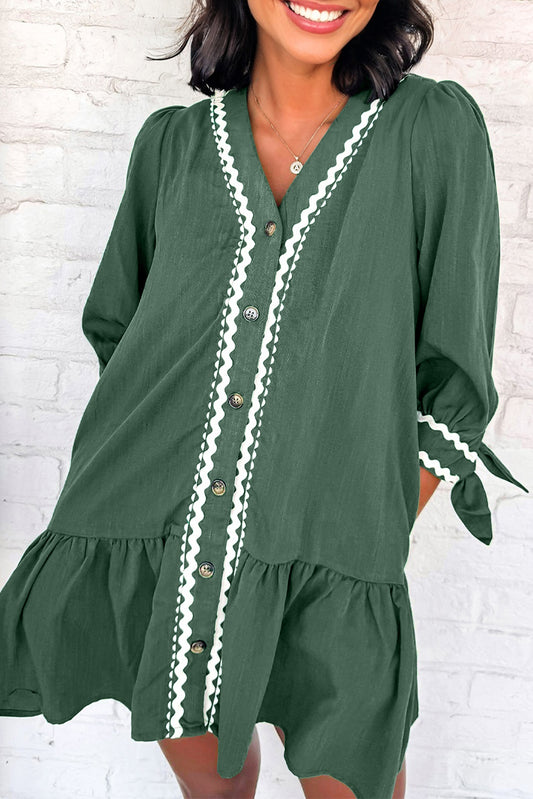 Contrast Ricrac Trim V Neck Button Shift Dress