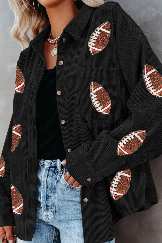 Rugby Sequin Pattern Corduroy Shacket for Halloween and Thanksgiving