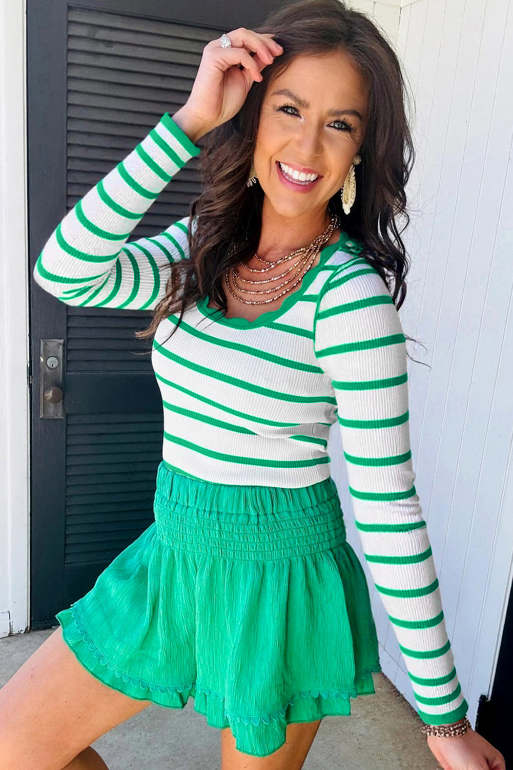 Scalloped Trim U Neck Striped Ribbed Slim Sweater