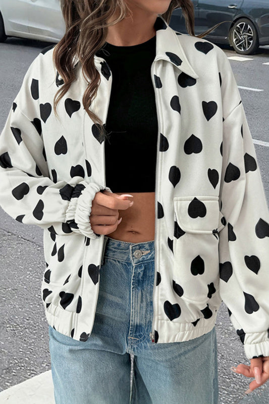 Heart Print Zip Up Sweet Style Cropped Jacket