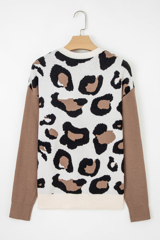 Stream Leopard Print Color Block Patchwork V Neck Sweater