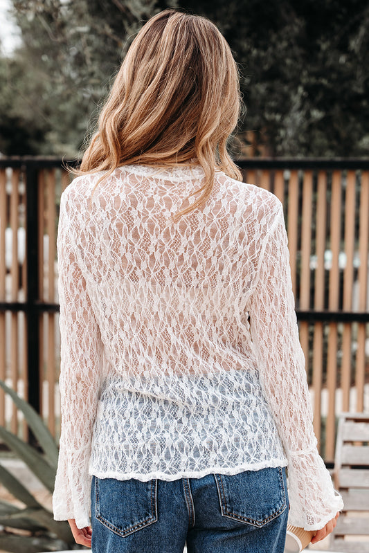White Sheer Lace Long Sleeve Mock Neck Top