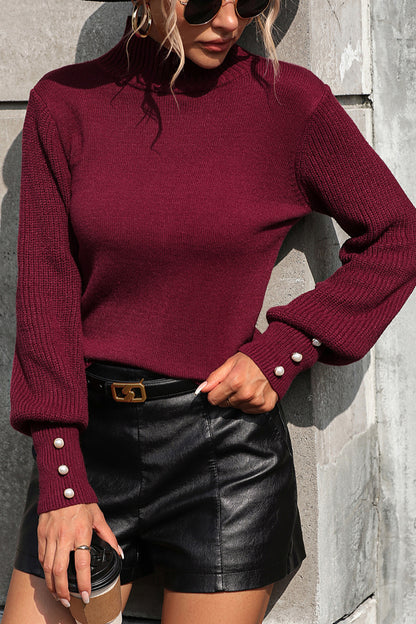 Womens Turtleneck Pearl Trim Knit Sweater Top