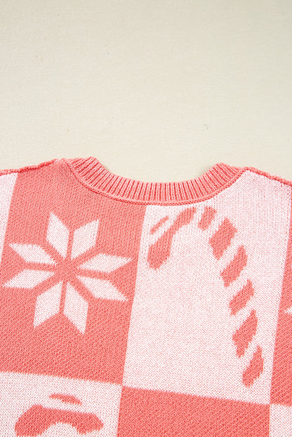 Candycane Snowflake Checker Christmas Loose Sweater