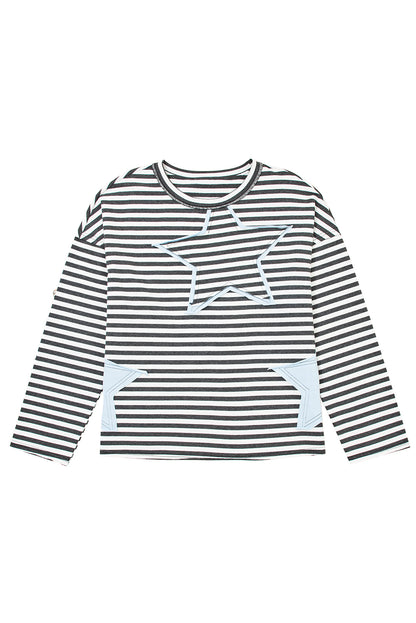 Gray Stripe Knit Top with Star Patch Detail