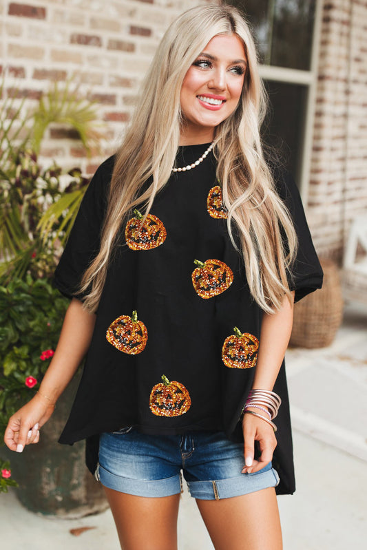 Black Sequin  Pattern Halloween Casual Tee