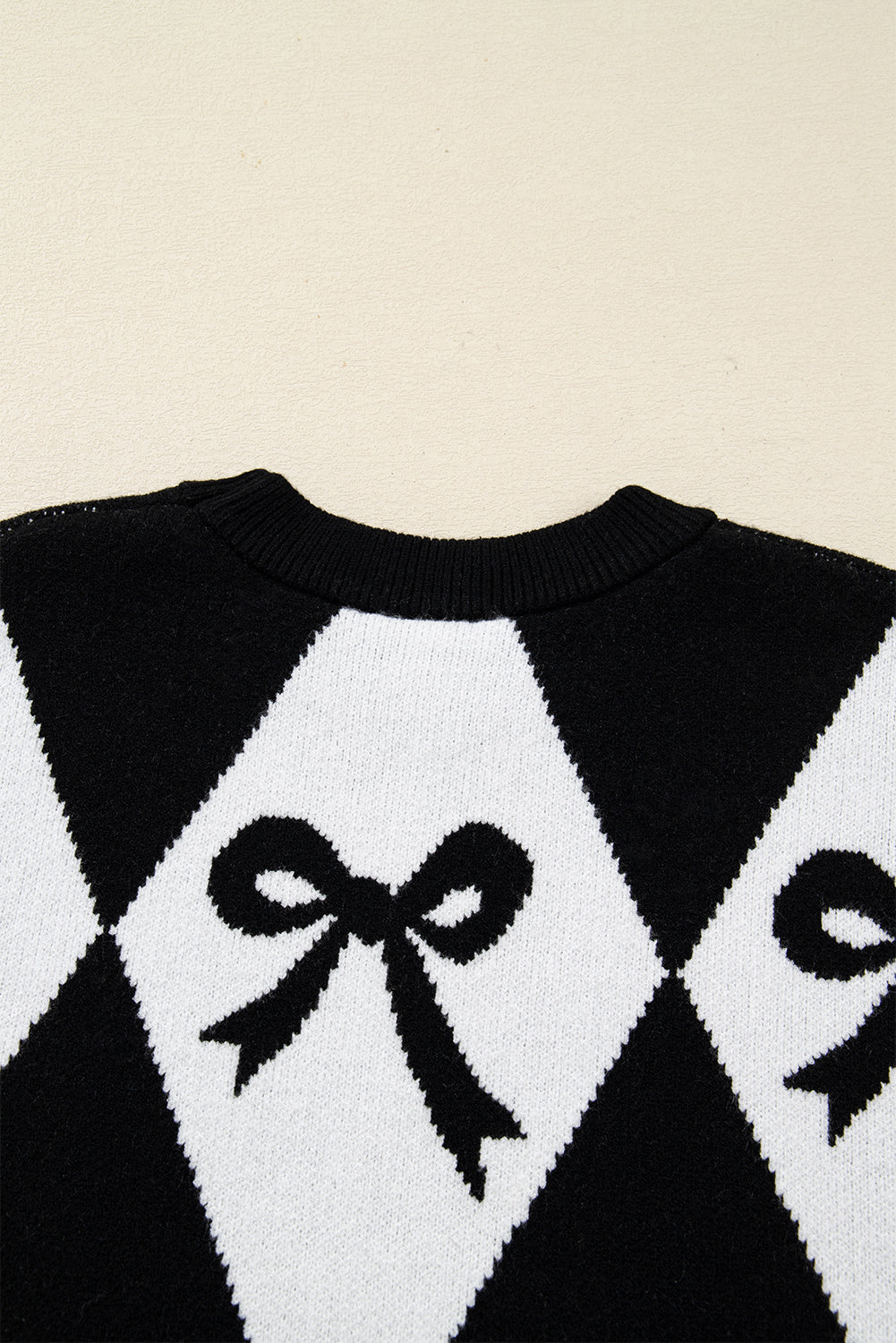 Bow Print Colorblock Rhombus Knit Sweater