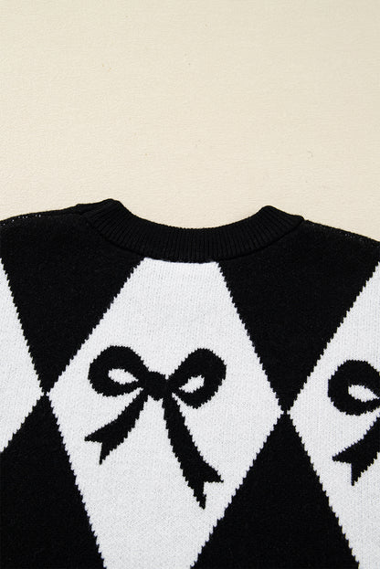 Bow Print Colorblock Rhombus Knit Sweater