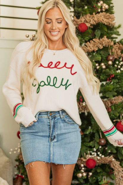 Beige Holly Jolly Christmas Graphic Sweater with Embroidery